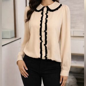 Forever 21 Cream and Black Ruffle Blouse